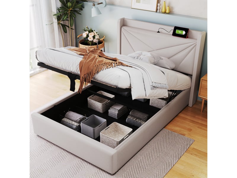 Lit avec rangement en coton lin beige 90 x 200 cm - Conforama D