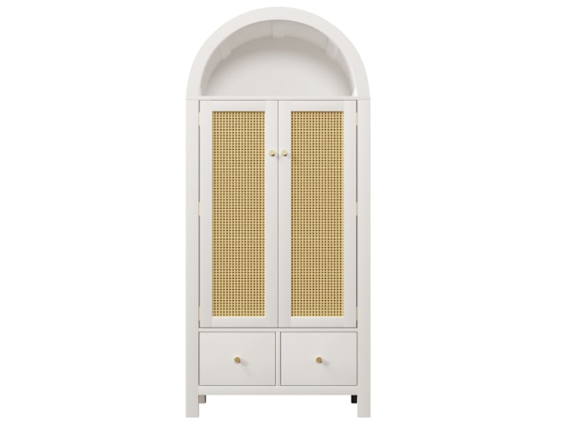  Armoire blanche 181x78x45 cm - rotin tressé, campagne - 2 portes magn., 2 tiroirs, tringle, sécurité anti-basculement  - Conforama A