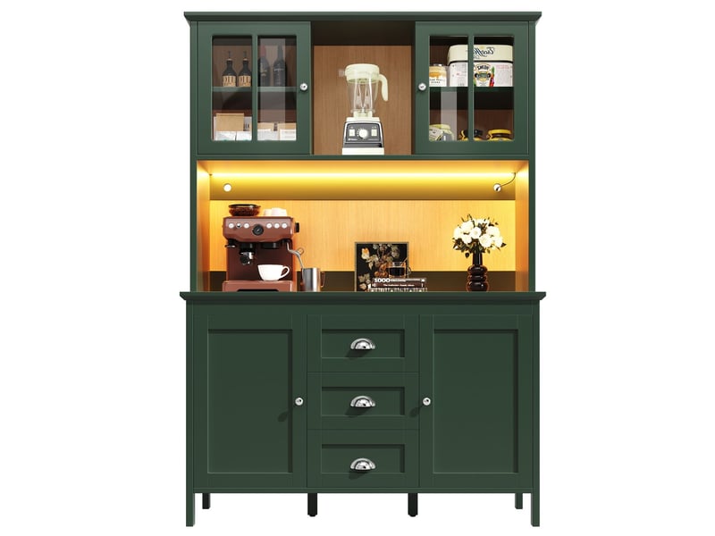  Buffet de cuisine 120 x 40 x 179 cm armoires hautes portes vitrées marron éclairage led coloris vert  - Conforama E
