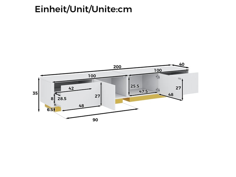  Meuble tv 200x40x35 cm avec 2 tiroirs et 2 portes coloris blanc  - Conforama C