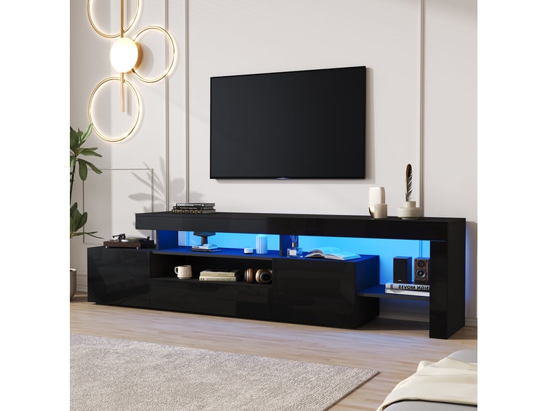  Meuble tv noir avec led, 3 portes abattantes, façade brillante, téléviseur 85 pouces maximum  - Conforama B