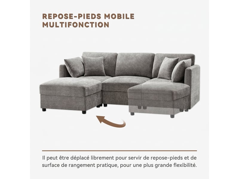  Canapé d'angle en l avec pouf 3 places en chenille gris - accoudoirs réglables 4 coussins  - Conforama R