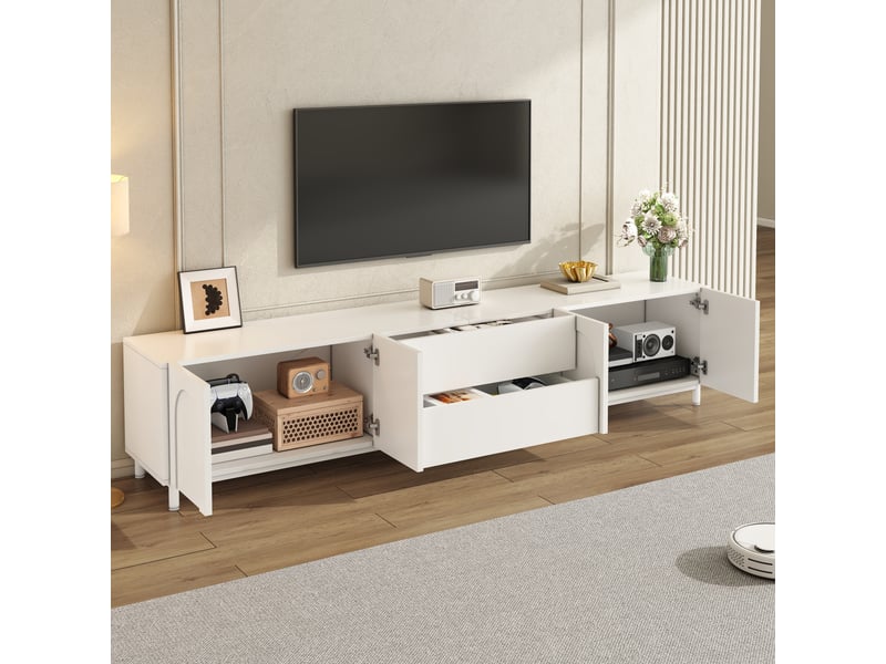  Meuble tv 180x40x48 cm - meuble bas avec 4 portes cintrées, 2 tiroirs, pieds en tube d’acier, structure en panneau de particules et mdf  - Conforama B