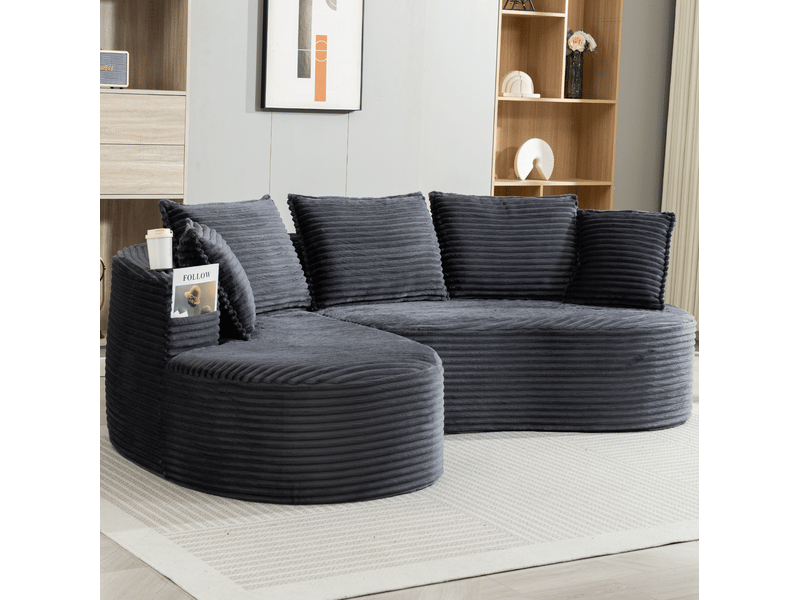  Canapé 3 places incurvé en velours côtelé gris foncé avec porte-gobelets et poche latérale  - Conforama D
