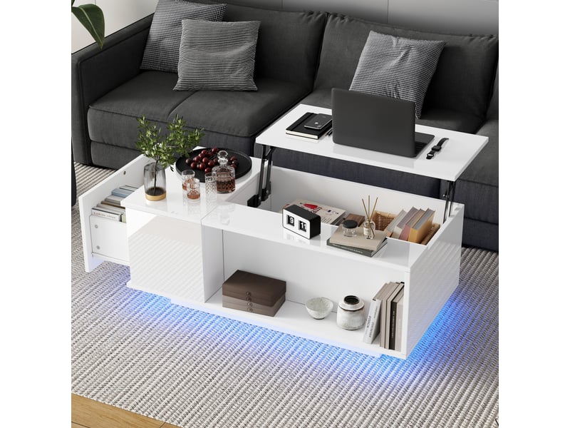 Table basse relevable avec 1 tiroir et rangement caché, led, plateau semi-ouvert, pour salon, blanc, 100 x 50 x 40 cm  - Conforama D