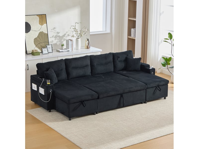 Canapé convertible 4 places à deux méridiennes avec rangement, noir - Conforama C