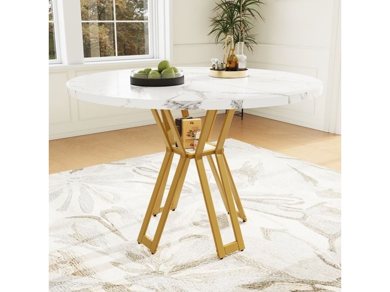  Table à manger ronde - truxen8 - pieds dorés - plateau marbré mdf 100x100x76cm - Conforama B