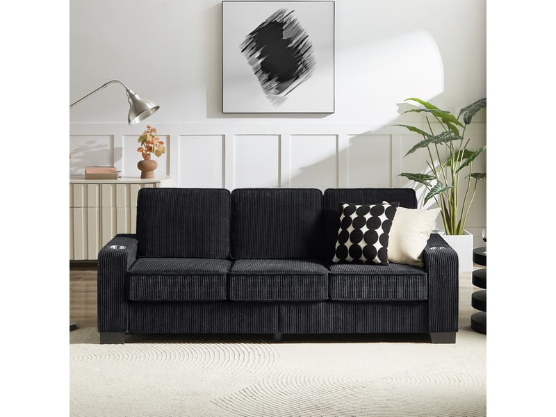 Canapé 3 places, canapé de salon, en velours tricoté, noir, porte-gobelets, design moderne, 206 cm, pour salon, bureau, chambre - Conforama R