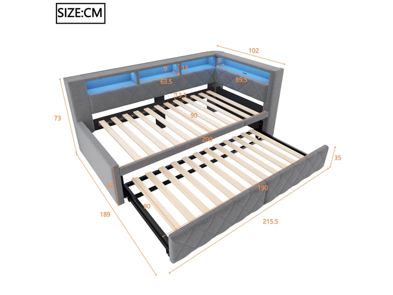  Lit banquette extensible 90 x 200 cm en lit double 180 x 200 cm avec led multicolore, ports usbusb-c et revêtement en lin gris sans matelas  - Conforama E