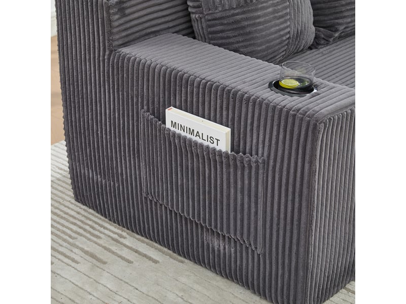  Canape droit 3 places, sans structure rigide en velours côtelé, porte-gobelets et poches, 172 × 87 × 64 cm, gris YXY-0915-1 - Conforama E