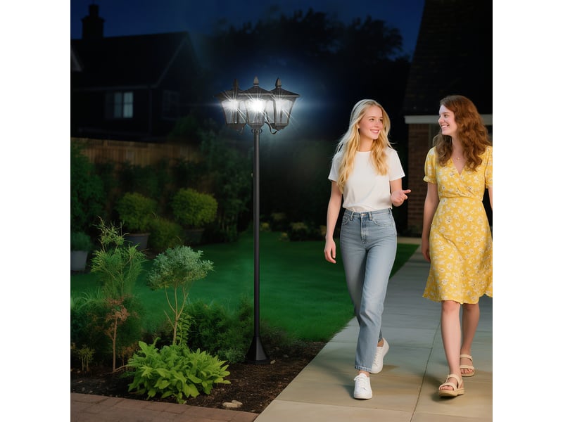  Lanterne solaire de jardin à 3 lampes, mât en acier inoxydable, 120 lumens (led), 51,5 x 47 x 182,5 cm, étanche ip44, pour jardin ou balcon, noire.  - Conforama C