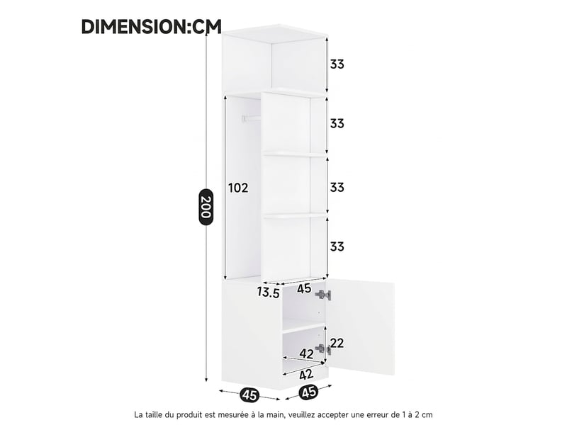  Armoire penderie 90x50x200 cm 4 portes blanche et chêne avec tiroir à bijoux  - Conforama R
