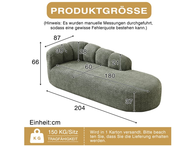  Méridienne fixe 204 cm en tissu chenille vert sauge, dossier ondulé  - Conforama C