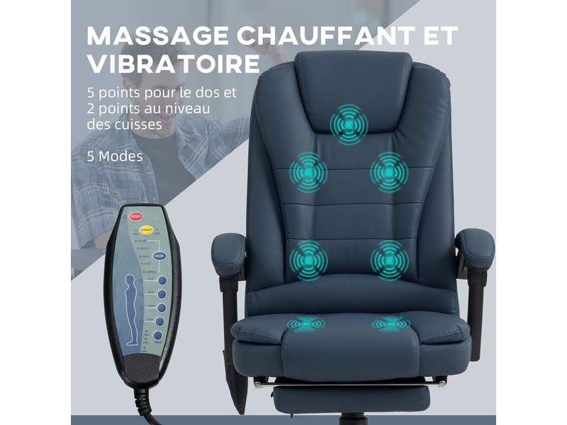 Fauteuil bureau massant hauteur réglable dossier inclinable télécommande filaire bleu  - Conforama C