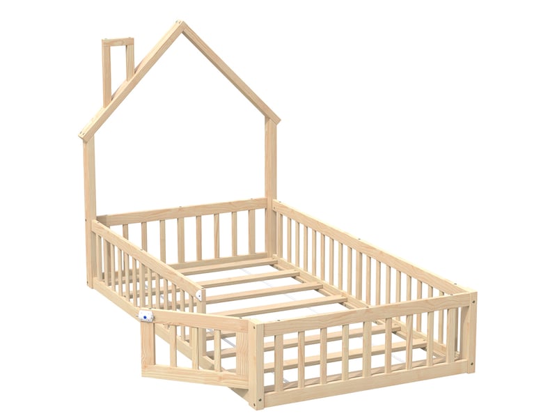  Lit cabane enfant 90 x 200 cm - lit avec sommier à lattes - bois massif - garde-corps sécurité - design cheminée - naturel  - Conforama D