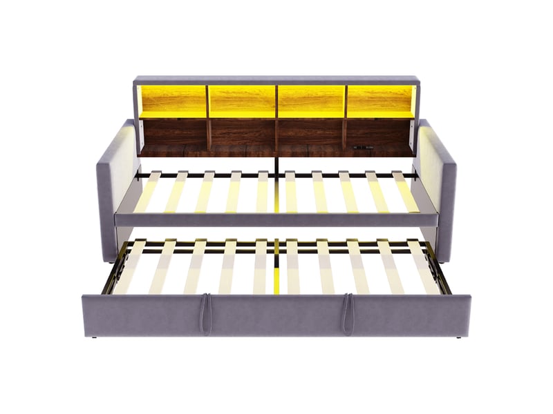 Lit gigogne enfant 90x190 cm canapé-lit avec led et rangement, velours, gris foncé, sans matelas - Conforama E