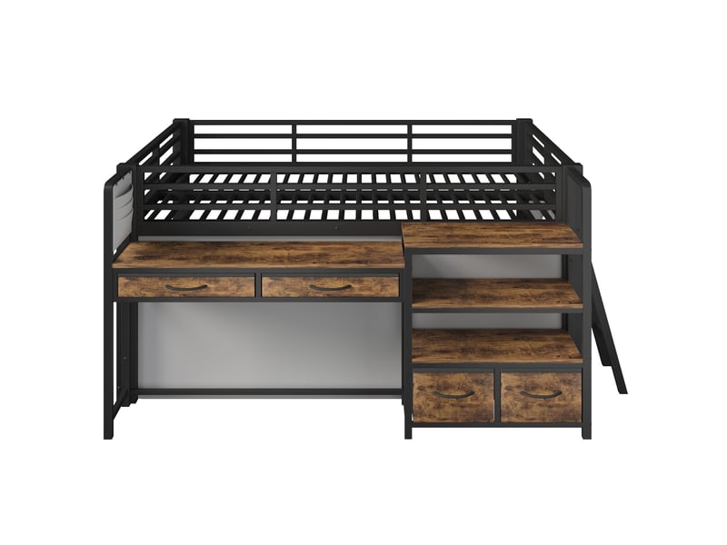  Lit superposé 140x200 cm noir métal avec bureau rangements tiroirs tissu rideau étagères led Sol Morn - Conforama A