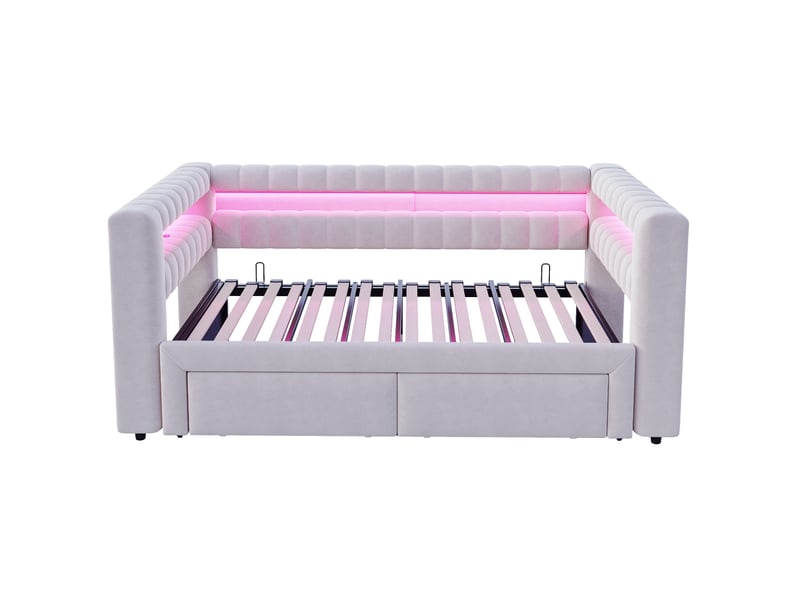  Lit gigogne 90 x 190 cm extensible 180 x 190 cm gris clair en velours, led, rangements et prises usb  - Conforama D