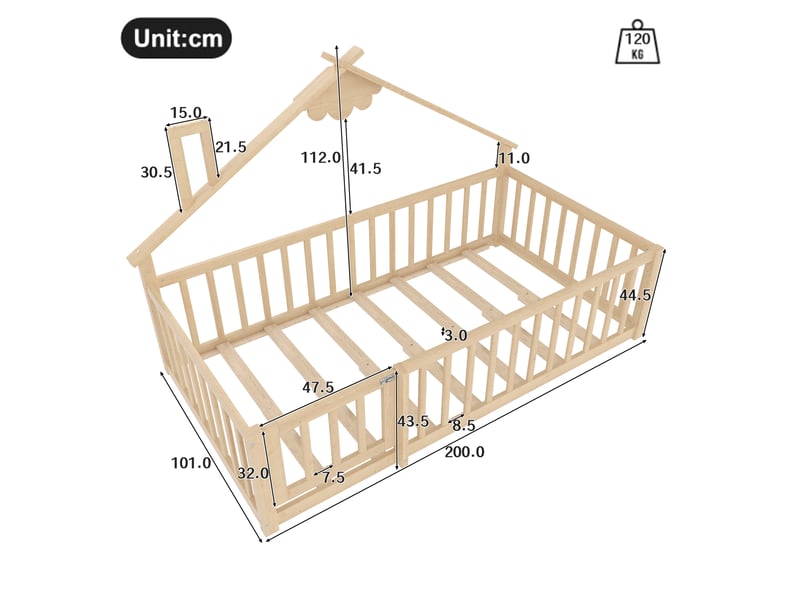  Lit simple plat, 90 x 190 cm, barrière de sécurité, barrière avec verrou, bois de pin, naturel  - Conforama D