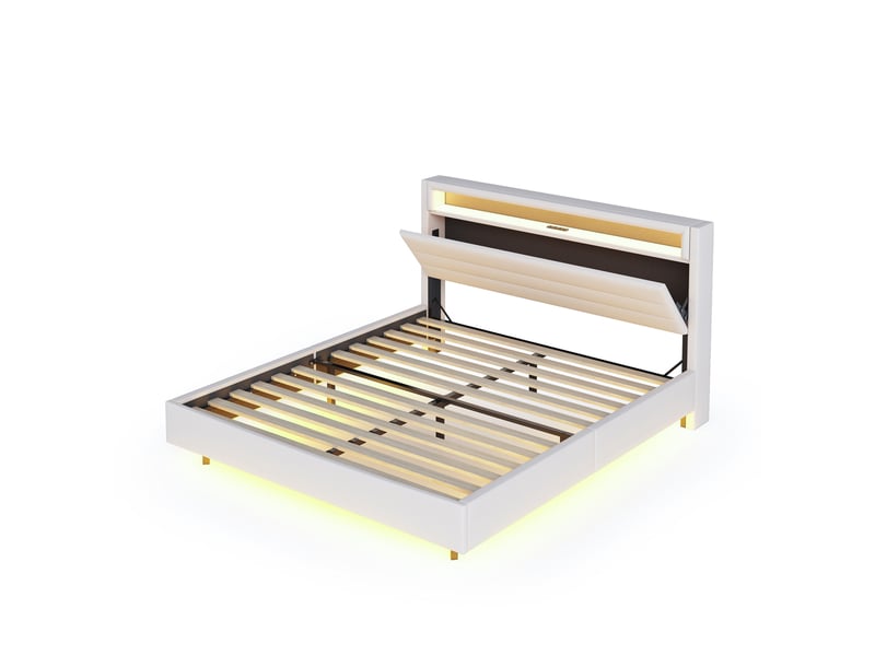  Modenvie lit double rembourré 160x200 cm - avec led et prise usb, sommier inclus - beige  - Conforama A