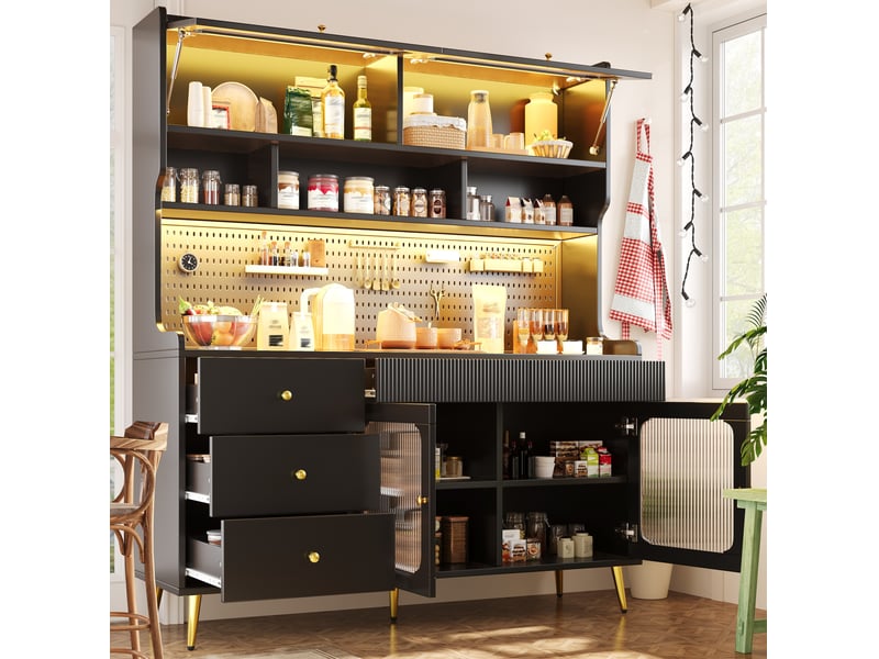 Buffet haut led avec porte relevable, tiroir et étagères en verre pour cuisine et salon, noir, 145 × 39 × 171 cm - Conforama C