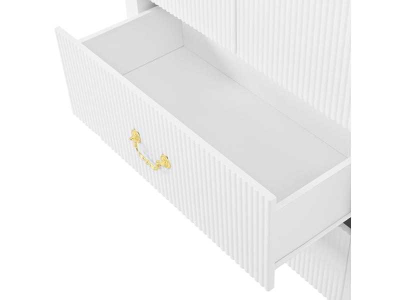  Armoire haute blanche avec niche arquée et éclairage led réglable par application, deux portes et deux tiroirs, façade à rainures verticales  - Conforama E