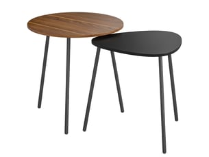 Lot de 2 tables basses gigognes, tables d'appoint contemporain cadre en métal, noyer et noir, ronde et triangulaire