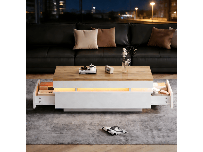  Table basse led 2 tiroirs blanc + ton bois 100 x 50 x 35 cm  - Conforama D