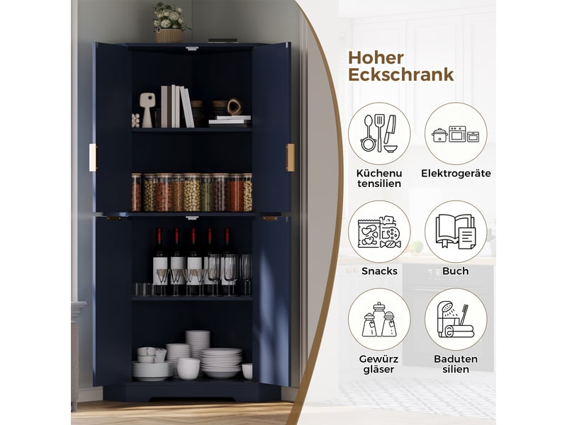  Buffet de cuisine 4 portes 60x60x172 cm - meuble d'angle avec étagères réglables et fixation anti-basculement - bleu  - Conforama E