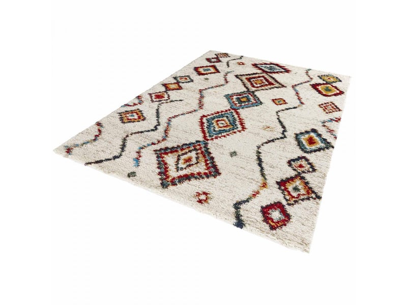 Tapis berbère 200 x 290 cm, blanc, rouge, bleu, motif berbère, design chaleureux  - Conforama C