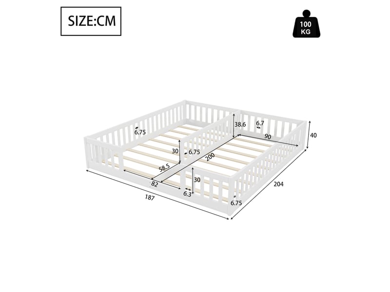  Elvmi lit enfant double au sol 90x200 cm avec barrières de sécurité et sommier à lattes, structure en pin et mdf, coloris blanc, couchage gain de place pour 2 enfants, design minimaliste pour chambre d’enfant et espace familial  - Conforama C