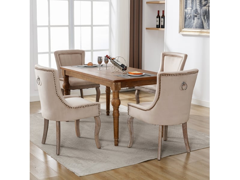  Lot de 4 chaises de salle à manger en velours beige avec pieds en bois  - Conforama D