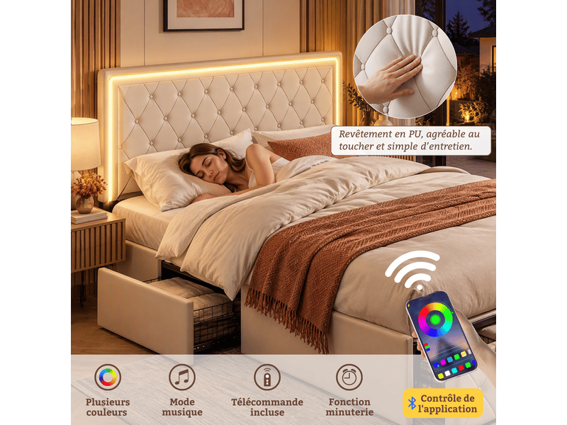  Lit double rembourré 160x200 cm avec 4 tiroirs, lit adulte avec rangement - led multicolores - tête de lit cloutée, sommier à lattes, lit 2 places, pu beige  - Conforama D