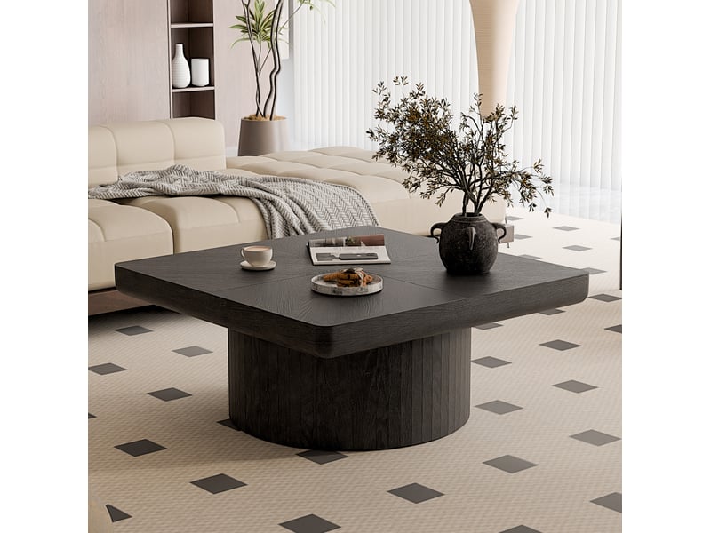  Table basse carrée à plateau en placage de bois, base cylindrique en bois et mdf noir  - Conforama C