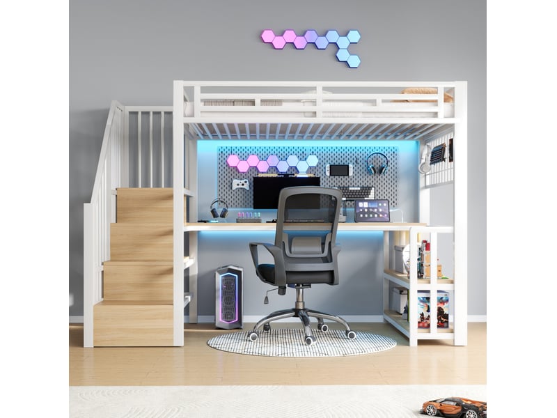  Lit mezzanine enfant 90 x 200 cm blanc avec bureau, rangements, led et prises usb  - Conforama B
