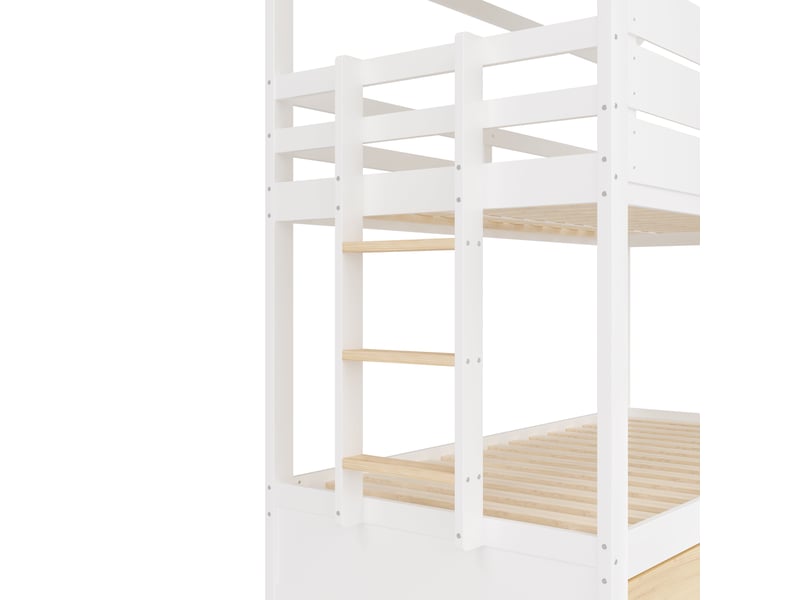  Lit superposé 90x200 avec toboggan et lit escamotable, blanc et naturel, en pin et mdf  - Conforama E
