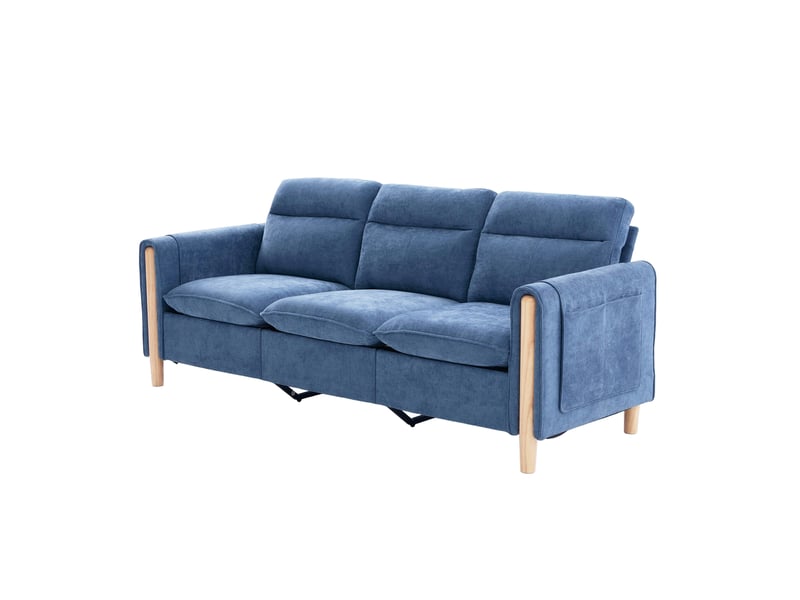 Canapé d’angle modulable 3 places 201x77x86 cm bleu en chenille, pouf coffre réversible, pieds bois et poches latérales pour salon - Conforama D