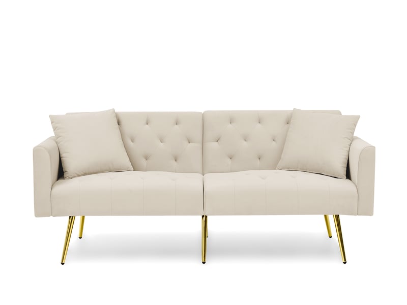  Canapé convertible 2 places 177x78x74 cm beige en velours, dossier réglable 3 positions et 2 coussins  - Conforama A