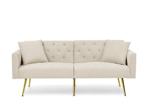 Canapé convertible 2 places 177x78x74 cm beige en velours, dossier réglable 3 positions et 2 coussins