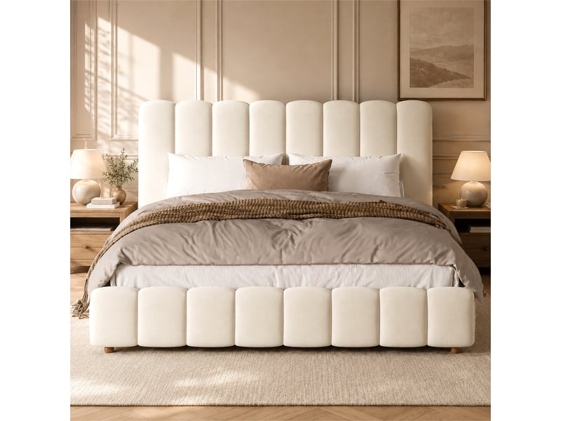  Lit double rembourré 180 x 200 cm avec coffre hydraulique, tête de lit capitonnée et pieds en bois massif, velours beige  - Conforama D
