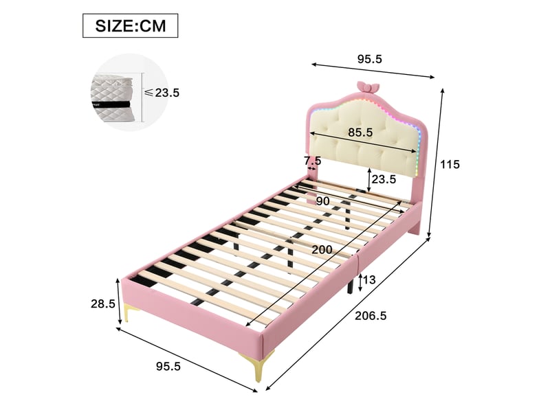 Lit enfant 90x200 cm avec led multicolores, revêtement pu rose et blanc  - Conforama E