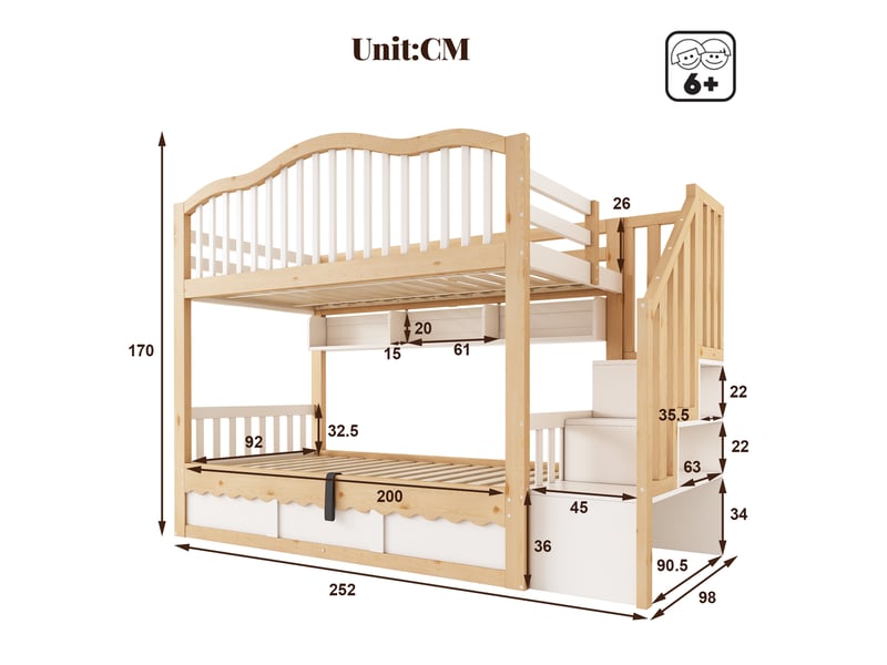  Lit superposé enfant 90 x 200 cm avec rangement hydraulique, échelle sécurisée et étagères, blanc et chêne  - Conforama E