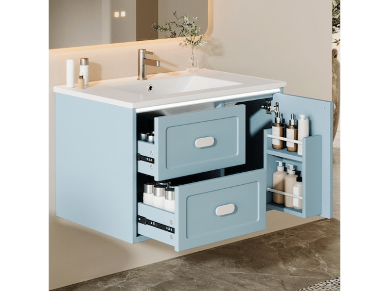 Meuble salle de bain suspendu bleu 76x46x51 cm avec vasque intégrée en céramique et éclairage led - Conforama B
