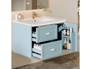 Meuble salle de bain suspendu bleu 76x46x51 cm avec vasque intégrée en céramique et éclairage led