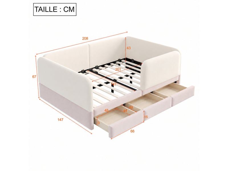 Lit enfant 140x200 cm en velours, lit double avec 3 tiroirs et bords rembourrés arrondis, sans matelas, beige et rose - Conforama D