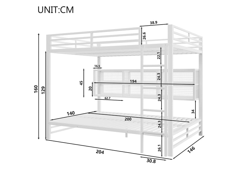 Lit superposé 140 x 200 cm, lit enfant à deux couchages, placard intégré, étagères ouvertes, éclairage led, barrières de sécurité, métal, blanc Morn Vibe - Conforama C