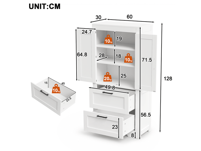  Buffet de cuisine 60x30x128 cm, 2 tiroirs, blanc, style campagne  - Conforama C