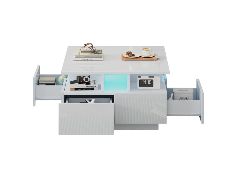  Table basse carrée blanche avec led 4 tiroirs 70x70x40 cm - finition haute brillance  - Conforama A