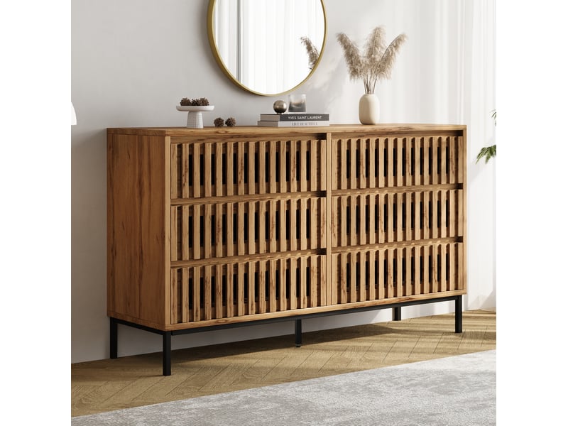  Commode avec 6 tiroirs à façades ajourées et 5 pieds pour salon, chambre ou entrée, mdf, naturel, 120 × 40 × 81 cm  - Conforama B