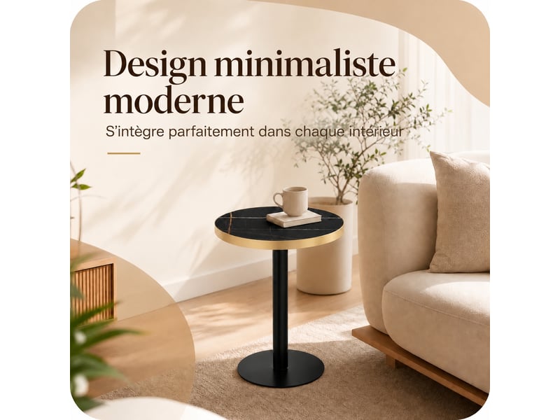  Table d'appoint ronde, plateau effet marbre noir avec bordure en métal doré, structure en métal noir, ø 60 cm  - Conforama W